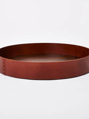 14" X 2" Decorative Round Leather Tray With Wood Base Brown - Threshold™ Designed With Studio Mcgee