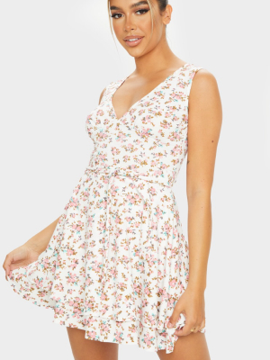 White Floral Print Tie Skater Dress