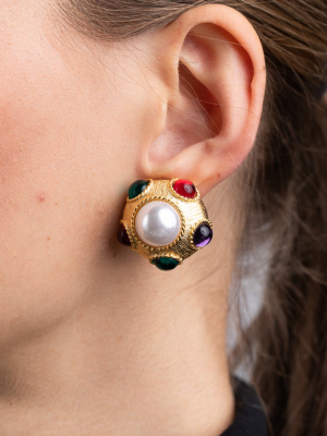 Satin Gold With Multi Color Gems And Pearl Center Clip Earrings