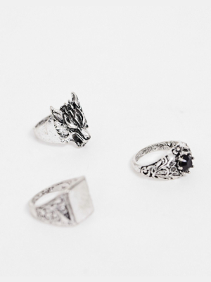 Asos Design Ring Pack With Detail In Burnished Silver Tone