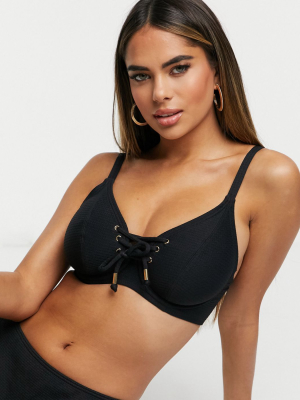 Pour Moi Fuller Bust Sol Beach Underwire Lace Up Bikini Top In Black Rib