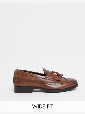 Asos Design Wide Fit Loafers In Brown Polished Leather With Brogue Detail