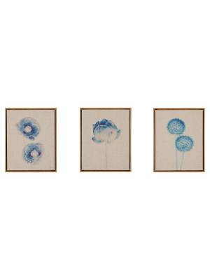 (set Of 3) 11" X 14" Botanicals Framed Printed Canvas On Linen Blue