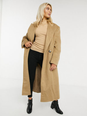 Asos Design Brushed Luxe Maxi Coat In Camel