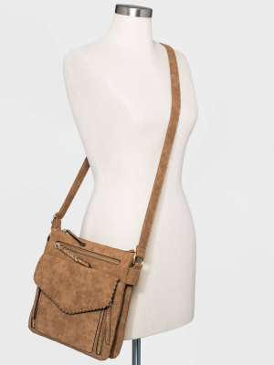 Vr Nyc Zip Closure Whipstitch Trim Flap Crossbody Bag - Cognac