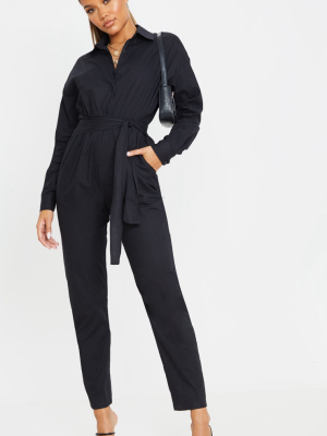 Black Tie Waist Shirt Jumpsuit