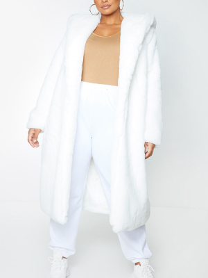 Plus White Premium Longline Faux Fur Hooded Coat