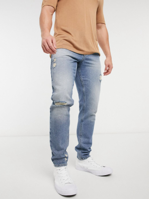 Asos Design Slim Jeans In Mid Blue 90's Wash With Heavy Rips