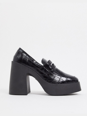 Asos Design Profile Chunky High Heeled Loafer In Black Croc