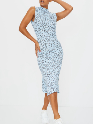 Baby Blue Ditsy Open Back Detail Midi Dress