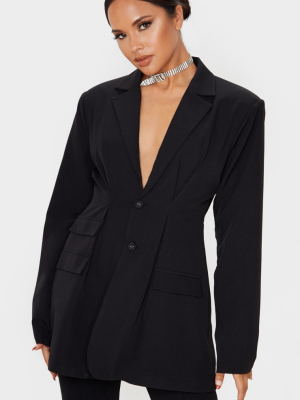 Black Woven Cinched Waist Shoulder Padded Blazer