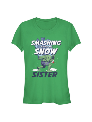 Junior's Marvel Christmas Hulk Sister Snow T-shirt