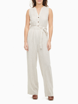 Striped Linen V-neck Belted Jumpsuit