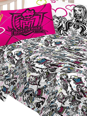 4pc Dolls Ghouls Rule Full Bed Sheet Set Frankie Stein Pink Black Bedding Accessories - Monster High..