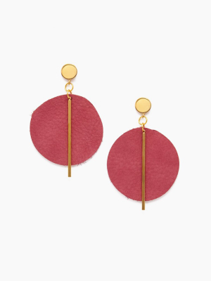 Leather Circle With Brass Post Earrings - Coral