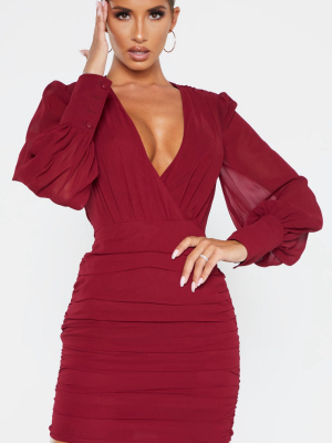 Burgundy Long Sleeve Chiffon Ruched Bodycon Dress