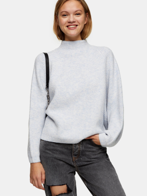 Blue Funnel Neck Knitted Sweater