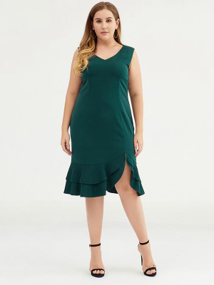 Plus Size Fashion Solid Color V-neck Sleeveless Dress
