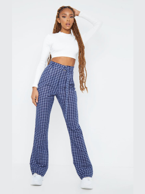 Blue Check Woven Belted Flared Pants