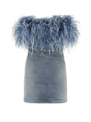 Saint Laurent Feather Trim Denim Mini Dress