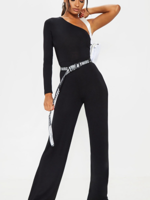 Black One Shoulder Long Sleeve Jumpsuit