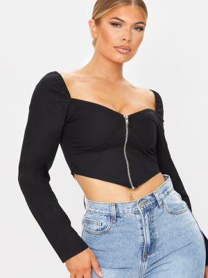 Black Woven Zip Front Puff Sleeve Crop Top