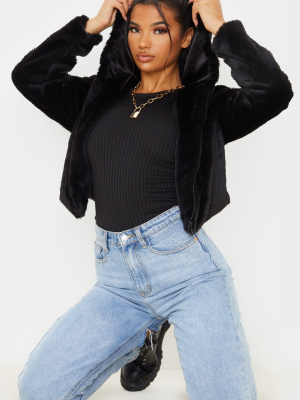 Black Faux Fur Cropped Hooded Jacket