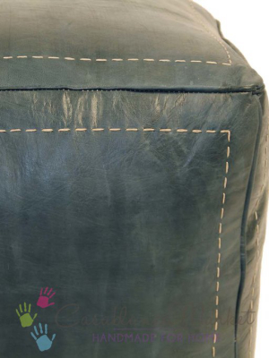 Moroccan Contemporary Leather Pouf, Stonewash