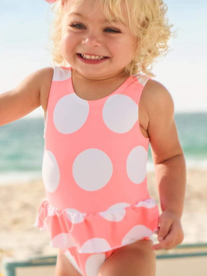 Snapperrock Little Girl's Neon Coral Spot Skirted Swimsuit G13075