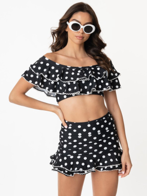 Unique Vintage Black & White Polka Dot Off Shoulder Myrtle Swim Top