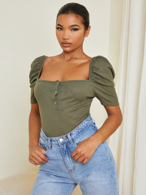 Khaki Rib Puff Short Sleeve Bodysuit