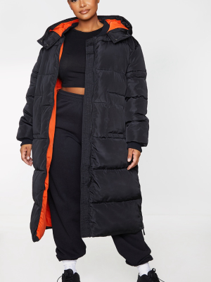 Plus Black Maxi Contrast Hooded Puffer Jacket