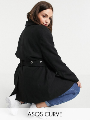 Asos Design Curve Eyelet Belt Grandpa Coat In Black