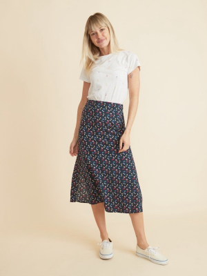 Ryan Midi Slip Skirt In Navy Cherry Print