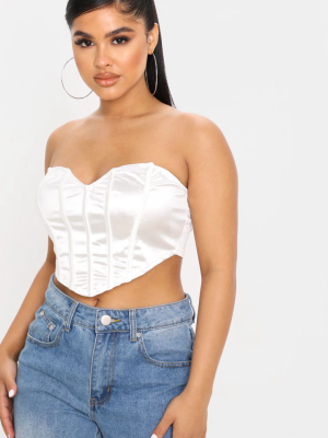 Petite White Satin Corset Curved Hem Crop Top