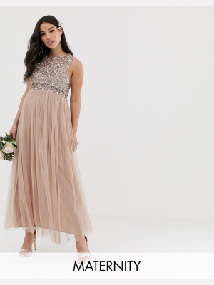 Maya Maternity Bridesmaid Sleeveless Midaxi Tulle Dress With Tonal Delicate Sequin Overlay In Taupe Blush