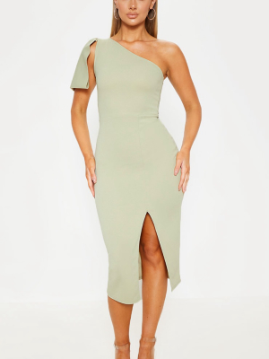 Sage Green One Shoulder Bow Detail Midi Dress