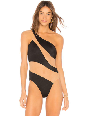 Contrast Mesh Panel One Shoulder Brazilian One Piece Swimsuit