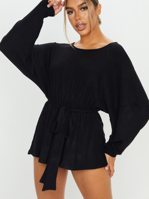 Black Brushed Rib Oversized Tie Waist Romper