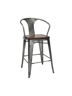 Set Of 4 26" Industrial Modern Mid Back Galvanized Steel Counter Height Barstool With Arms And Solid Ash Wood Seats - Ofm