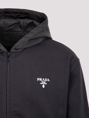 Prada Logo Embroidered Zip-up Hooded Sweater