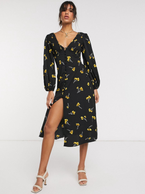 Asos Design V Neck Button-up Midi Dress With Shirring In Floral Print