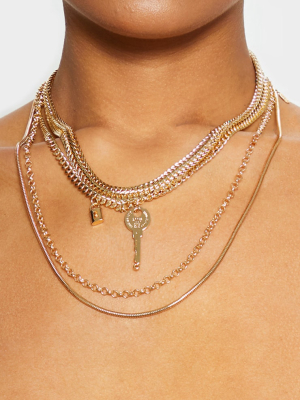 Gold Multi Chain Lock And Key Necklace