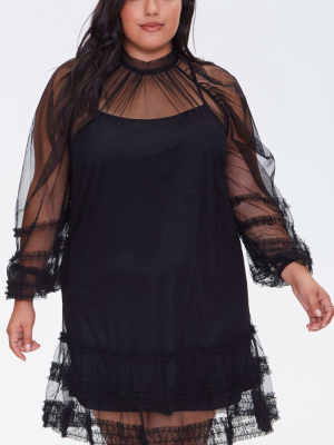 Plus Size Ruffled Mesh Mini Dress