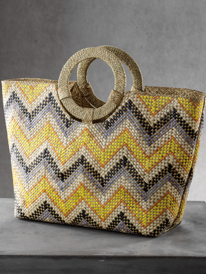 Mia Beach Tote W/ring Handle - Yellow & Gray Zigzag