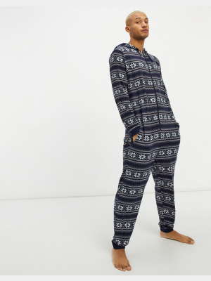 Asos Design Christmas Onesie In Navy Fair Isle Print