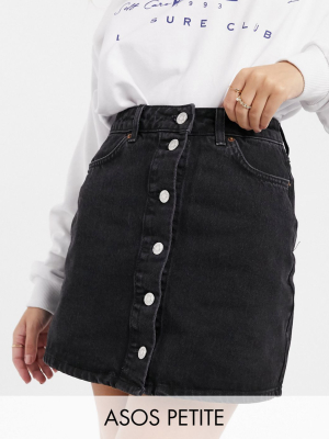 Asos Design Petite Denim Button Through Skirt In Black