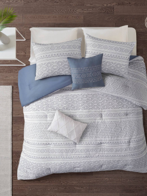 Full/queen Emerson 5pc Cotton Clip Jacquard Duvet Cover Set White/indigo