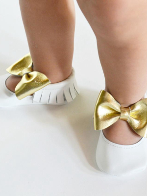 Itty Bitty Moccasins (white & Gold Bow)