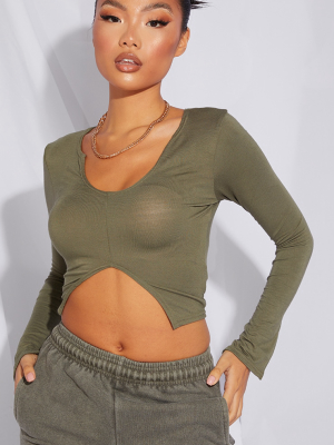 Petite Khaki Jersey Split Front Crop Top